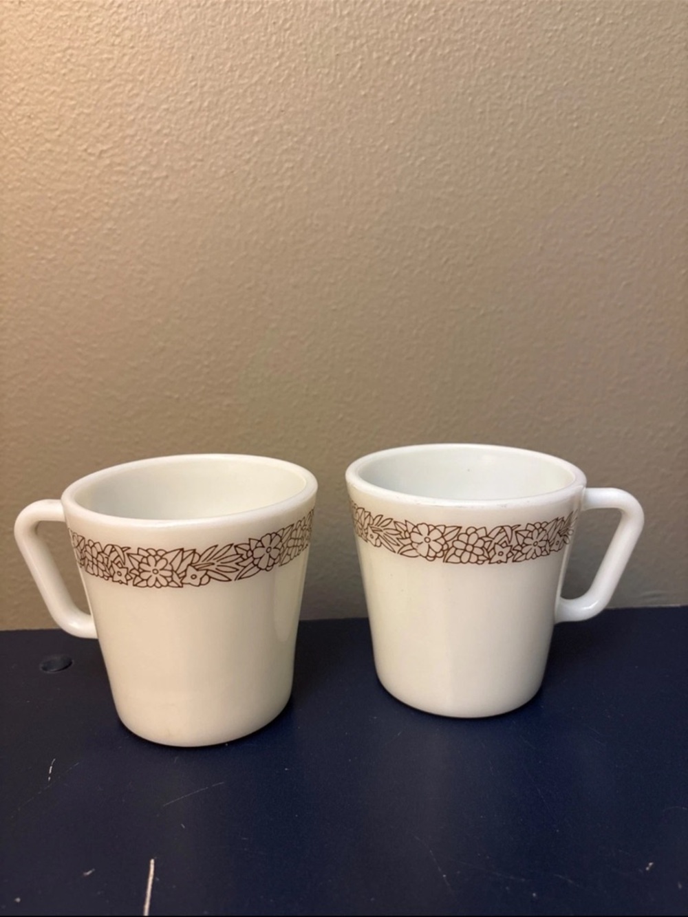 Pyrex White Mugs with Brown Floral Band - Set of 2